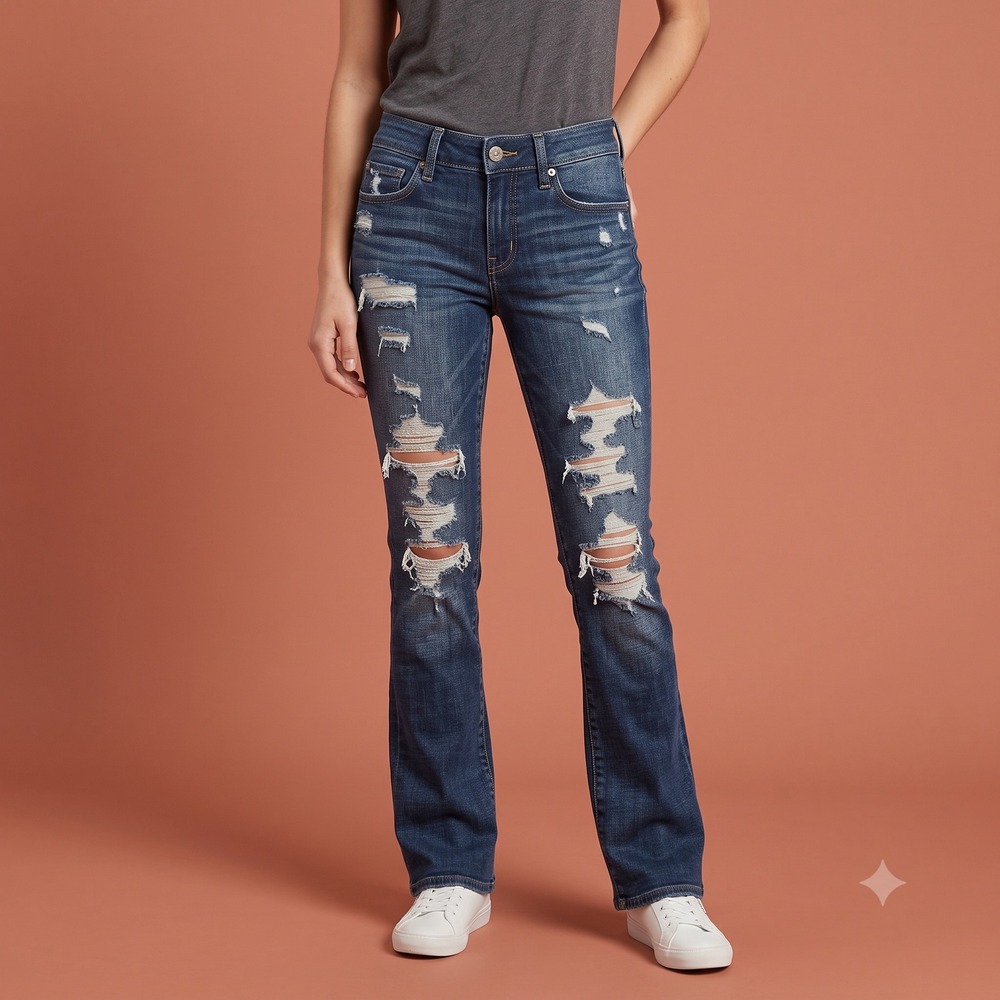 American Eagle 360 Super Super Stretch Distressed Skinny Jeans 6 Long Blue EUC